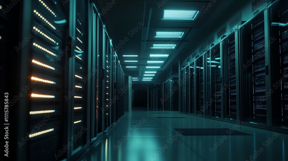 Poster a long hallway in a server room with rows of computer servers.