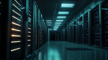 Fototapeta premium A long hallway in a server room with rows of computer servers.