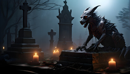 A misty cemetery where the Chupacabra crouches on a tombstone, its claws gleaming in the dim light