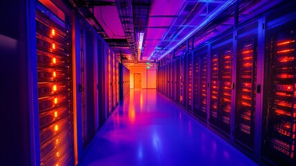 Fototapeta premium A server room with rows of servers. The servers are lit up with a mix of red and blue lights.
