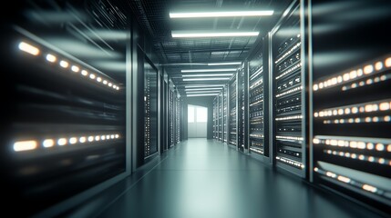 Obraz premium A long server room with rows of servers and bright lights.