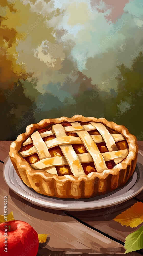 Poster a fresh homemade apple pie with a golden lattice crust, placed on a rustic plate with a soft backgro