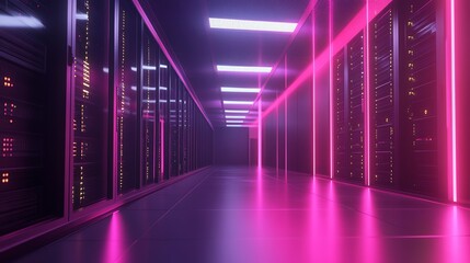 A futuristic server room with blue and purple neon lights.