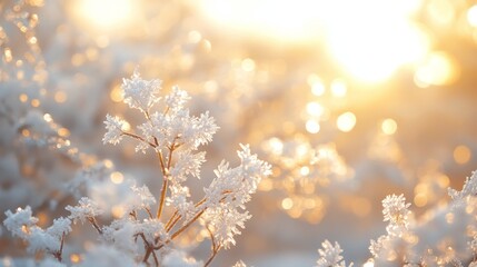 Naklejka premium A minimalist winter scene, with delicate snowflakes falling slowly in different sizes and patterns, and warm winter sunshine shining golden in the corners, creating a peaceful atmosphere.