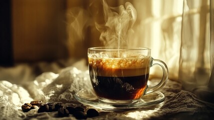 Intense Espresso Pouring with Steam and Light Effects