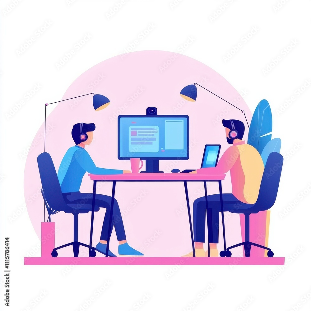 Poster two people working remotely with headsets and computers in a modern workspace, engaged in virtual co