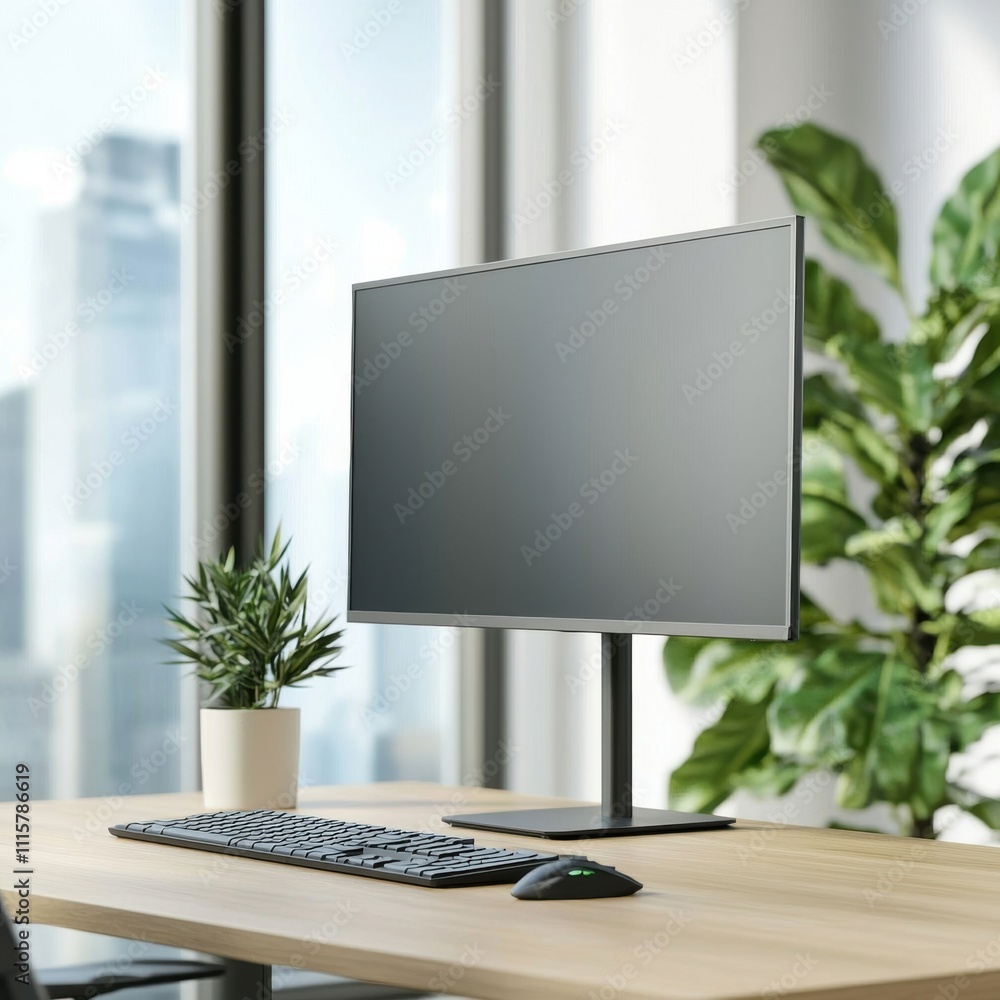 Poster modern workspace with minimalist design featuring a sleek computer monitor and keyboard on a wooden 