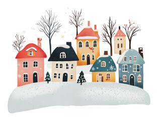 Fototapeta premium Colorful winter houses under a snowy sky, cut out - stock png.