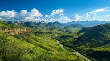 Naklejka premium Mountain Vista Adventure, a breathtaking scene of lush green hills, a meandering river, and azure skies, perfect for inspiring outdoor explorations and adventure activities.