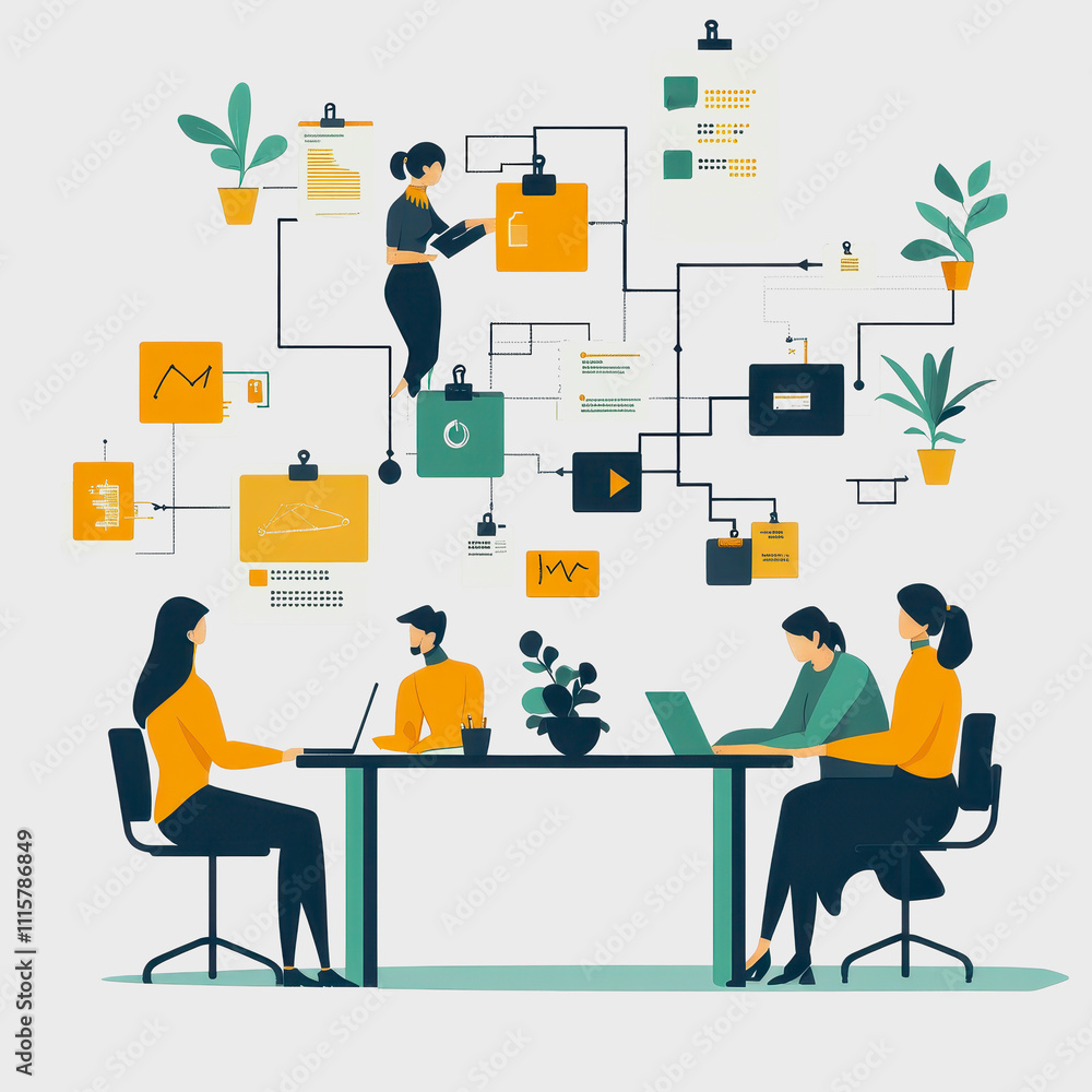 Aufkleber business team collaborating on project with flowcharts, documents, and data visualization in modern 