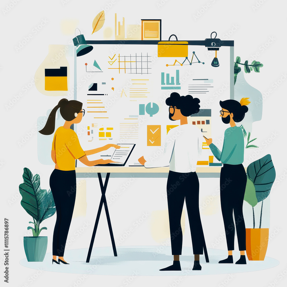 Poster diverse team collaborates on business strategy with charts and graphs in modern office space featuri