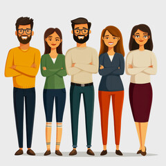Fototapeta premium Group of five diverse cartoon characters standing together in a friendly and professional manner, showcasing unity and teamwork in an illustrated design