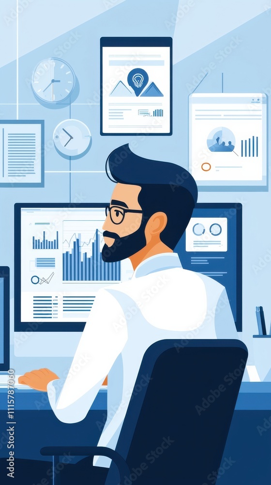 Poster businessman analyzing data on computer with charts and graphs in modern office setting, focused on g