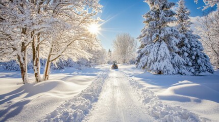 Obraz premium Snow cleaning machine clearing driveway with precision, winter landscape, sparkling white snow, clear sky, bright sunlight, snow-covered trees, fresh air, efficient equipment