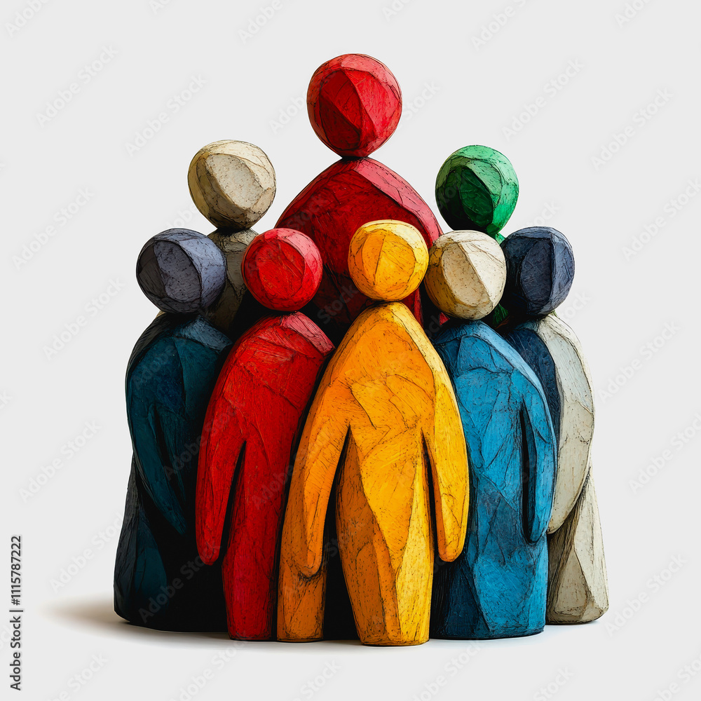 Aufkleber colorful wooden figures representing unity and diversity in a group setting, showcasing teamwork and