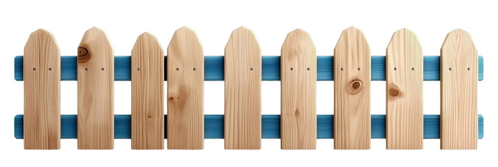 Rustic wooden picket fence with blue crossbars