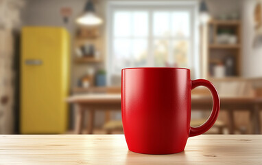 Fototapeta premium Photo of a Vibrant Red Mug on a Wooden Table in a Cozy Kitchen with Natural Light
