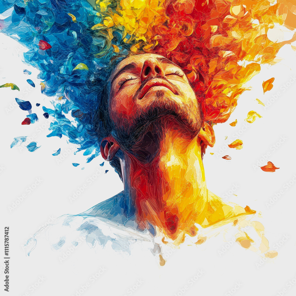 Poster male portrait with vibrant splashes of blue and orange paint creating a dynamic and artistic represe