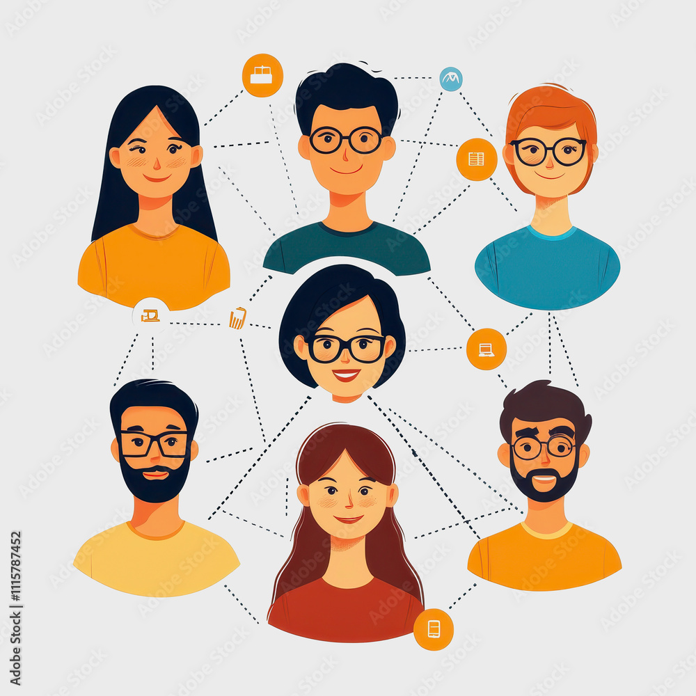 Poster seven diverse characters connected in a creative network illustration for teamwork and collaboration