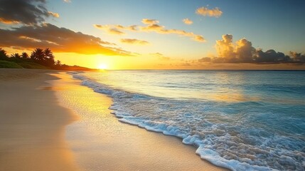 Obraz premium A stunning sunset over a calm ocean with soft waves lapping at the sandy beach.