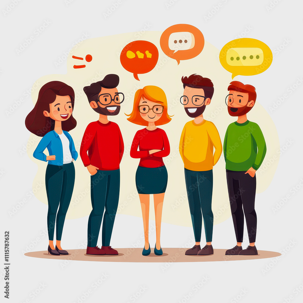 Aufkleber group of diverse people engaging in friendly conversation in a colorful cartoon style with speech bu