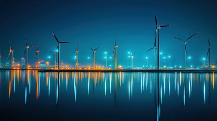 Night view of wind turbines reflecting in water, showcasing renewable energy and technology.