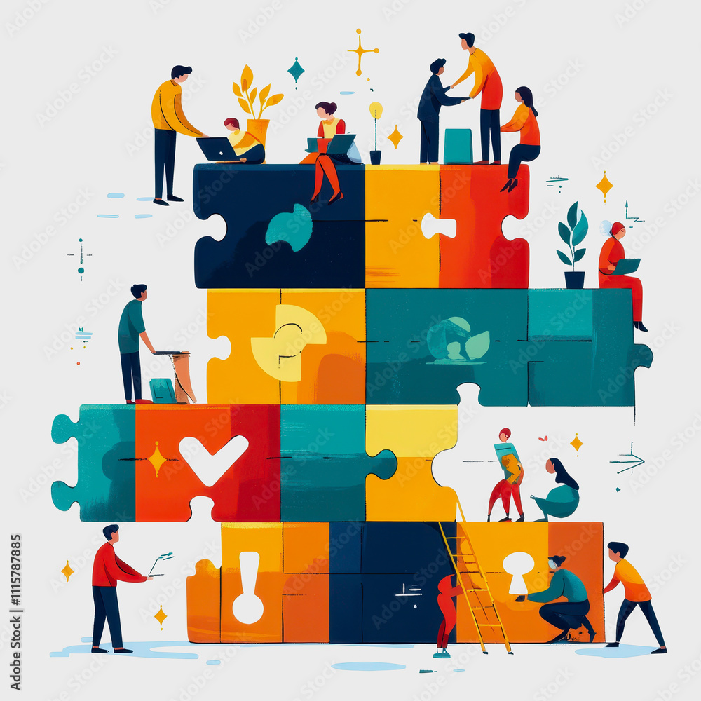 Aufkleber collaborative teamwork and problem solving in a colorful puzzle illustration with people engaged in 