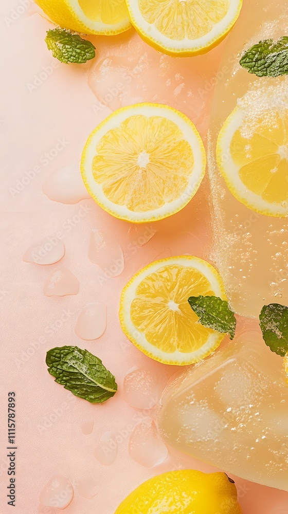 Poster a refreshing cup of iced lemonade with mint leaves and slices of lemon, set on a pastel-colored back