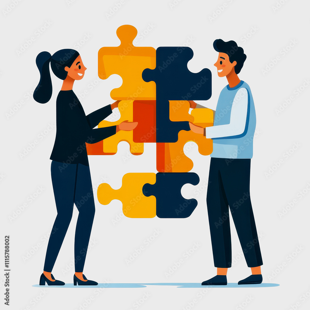 Aufkleber two diverse individuals collaborating on a colorful puzzle piece in a modern visual representation o