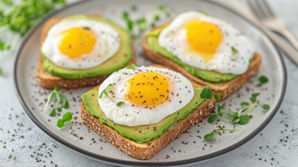 Three slices of toast topped with mashed avocado and a poached egg, garnished with microgreens and chia seeds.