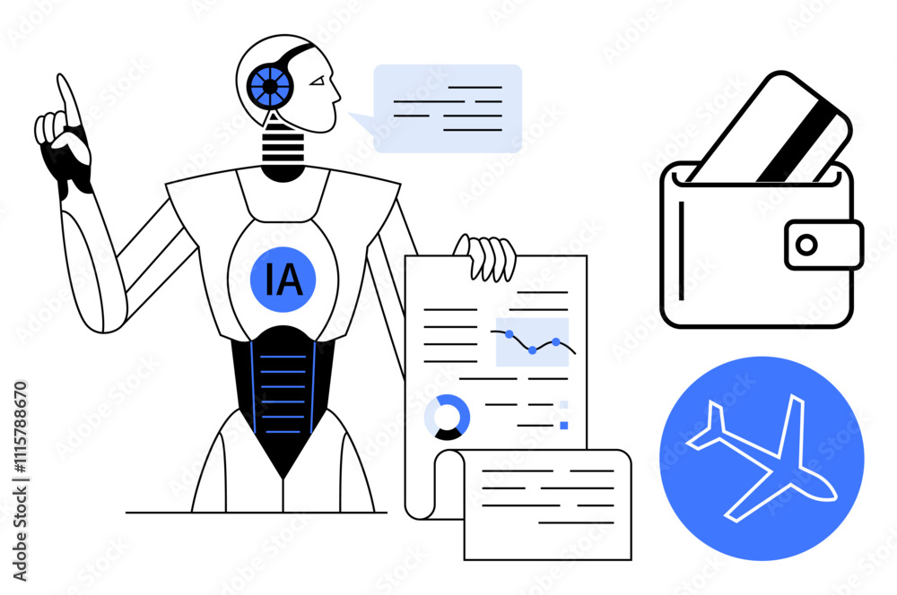 Aufkleber robot with ia label presenting charts and data insights, wallet with card, and airplane icon. ideal 