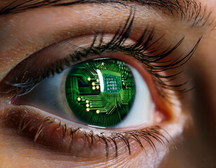 Ojo humano de mujer con tecnologia de microchip verde insertada para una vision robotica