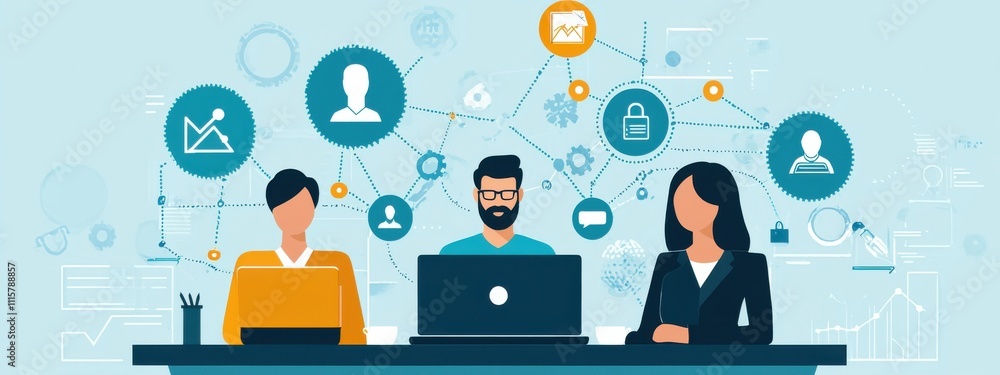 Poster team collaboration in digital workspace with laptop and icon connections representing data security,
