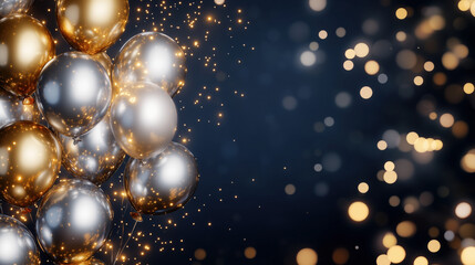 Silver and Gold Color Metallic New Year's balloons surrounded by warm gold fairy lights. Soft Sparkles in Deep Blue Background, Make a Festive Atmosphere with an Elegant, Celebratory and Calming Theme
