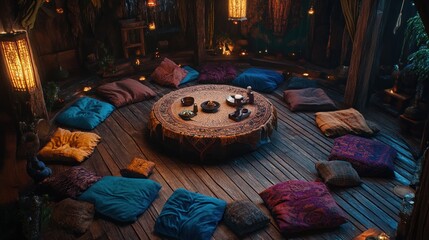 Mystical round room with cushions, low table, and candles.