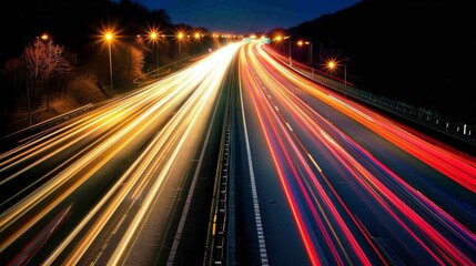 Blurred light trails stretch like ribbons across the image giving a sense of the constant movement and nonstop flow of traffic on a major freeway.
