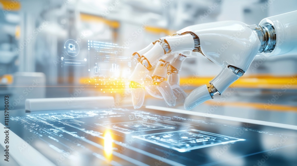 Poster advanced robotic hand interacting with futuristic touchscreen display showcasing innovative technolo
