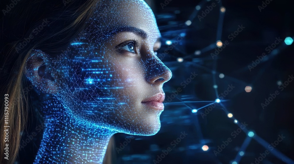Poster a woman gazes into the distance, her face illuminated by intricate blue patterns that suggest advanc