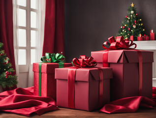 Beautifully wrapped Christmas gift boxes with vibrant ribbons, placed on a wooden table, with red curtains and a decorated tree in the background. Generative AI