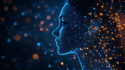 A woman's silhouette is highlighted with glowing lines and nodes, resembling a network of connections. The background features a dark, vibrant ambiance, emphasizing the digital theme