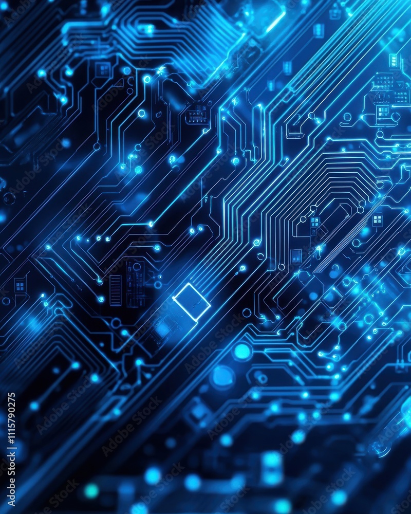 Poster abstract close-up of a blue circuit board design with illuminated lines and patterns showcasing tech