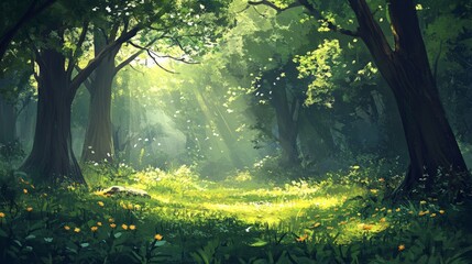 Obraz premium Serene Forest Retreat, a tranquil woodland filled with towering trees, sunlight dancing through leaves, offering a peaceful haven for nature enthusiasts to explore and unwind.