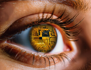 Ojo humano de mujer con tecnologia de microchip amarillo insertada para una vision robotica