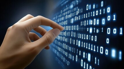 A hand extends towards luminous binary numbers on a digital display. The setting conveys a sense of advanced technology and data interaction in a virtual environment