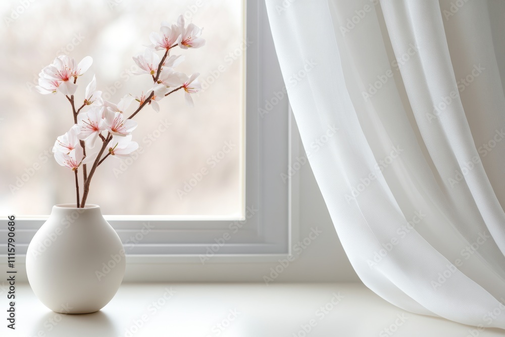 Poster spring home decor, a gentle spring breeze dances through an open window, causing the white curtains 