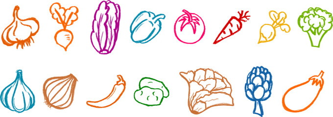 Vegetables Drawing Icons Crayon Chalk Vector Set