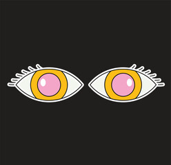 Adorable Cartoon Eyes Illustration with Pink Pupils on Black Background – Perfect for Stickers and Design Projects