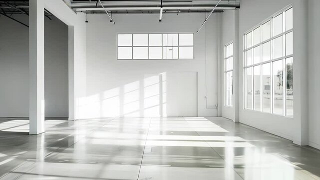 Bright and spacious empty interior with large windows and polished concrete floor for creative purposes
