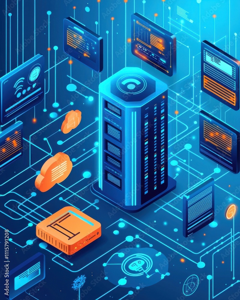 Poster futuristic data center illustration featuring advanced technology and network connections for digita