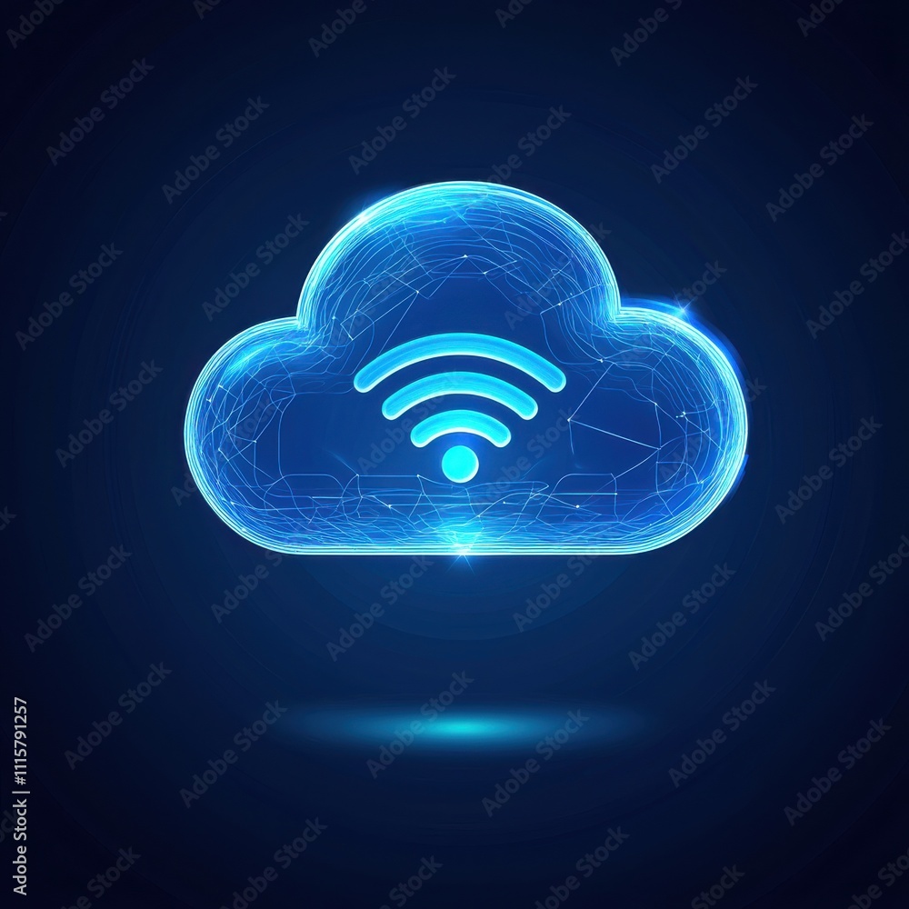 Poster futuristic glowing cloud with wireless signal icon representing cloud computing technology and data 